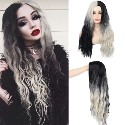 Miniatura 7 de Swiking Pelucas largas de color verde y negro para mujer, pelucas de cabello ondulado natural ombré verde sintético de fibra suave para fiesta