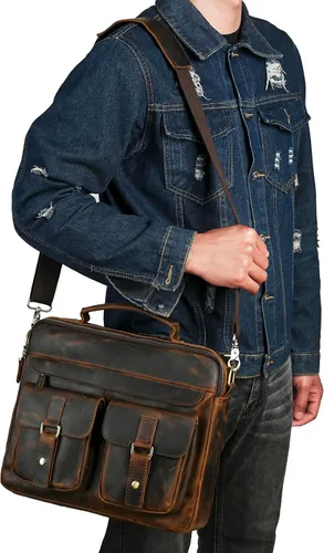 Miniatura 2 de Bolsa de lona resistente al agua + cuero para negocios, maletín de 14 pulgadas, para laptop, oficina, cartera, para hombres FBB207