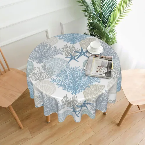 Miniatura 3 de Mantel náutico costero redondo de 60 pulgadas para verano, playa, estrella de mar, coral, conchas marinas, mantel decorativo con tela impermeable