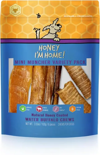 Honey I'm Home, Mini Muncher Buffalo - Paquete variado de masticables para perros, 3.53 onzas, totalmente naturales, de corral, saludable, sin