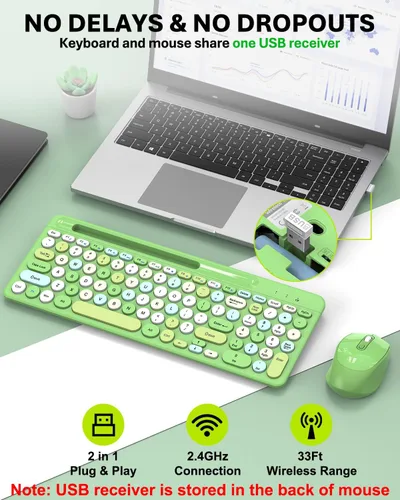 Miniatura 4 de Colorido combo de teclado y mouse inalámbricos, teclas redondas, teclado retro de máquina de escribir de 2.4 GHz con teclado numérico, lindo teclado