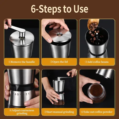 Miniatura 6 de Molinillo de café manual – 8 ajustes de grosor ajustables, molinillo de café de manivela, gran capacidad, molinillo de café de mano portátil