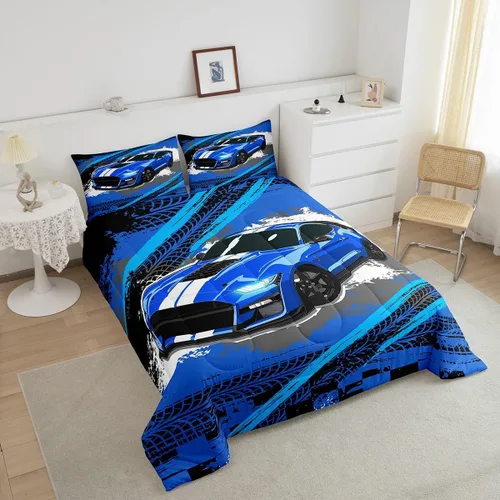 Miniatura 3 de Juego de edredón azul de coche deportivo para niños y hombres, juego de ropa de cama de auto de carreras de graffiti tamaño individual, edredón