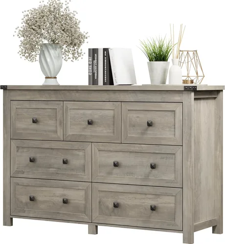Miniatura 19 de Cómoda para dormitorio con 6 cajones, cómoda de madera de granja, soporte de TV ancho con mango de metal, organizador de ropa moderno para pasillo