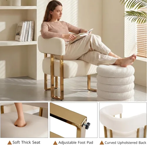 Miniatura 3 de Silla de acento barril para sala de estar con patas de metal dorado, silla lateral de terciopelo suave tapizada para dormitorio, sillón de lectura
