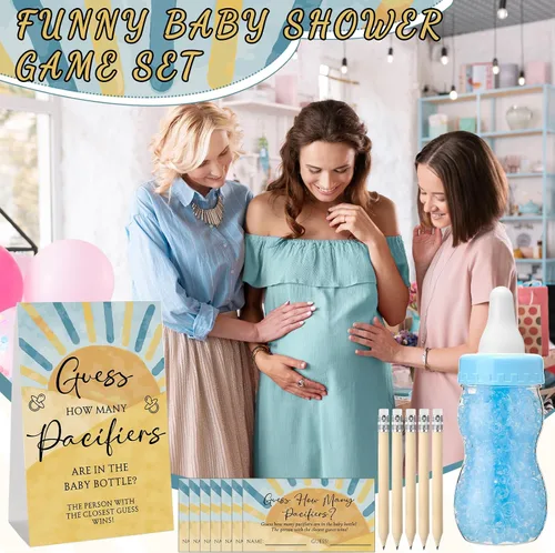 Miniatura 7 de Roowest 512 Piezas de Juegos de Baby Shower Adivina Cuántos Chupetes Letrero 100 Pequeños Juegos de Adivinanzas, 10 Lápices HB, Botella de Leche