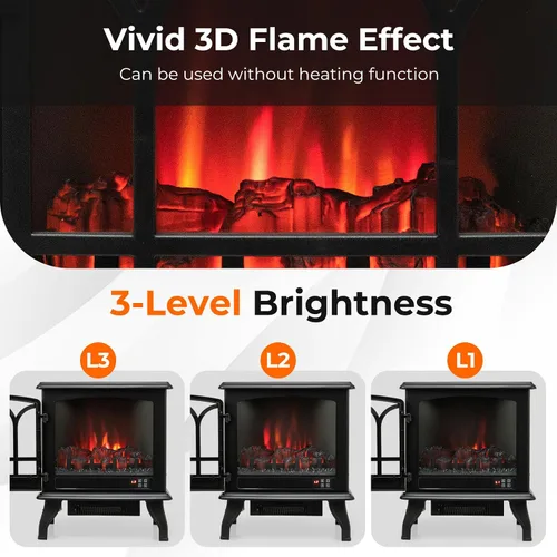Miniatura 4 de GOFLAME Estufa eléctrica de chimenea de 23 pulgadas, calentador de chimenea independiente con efecto de llama regulable de 3 niveles y temporizador