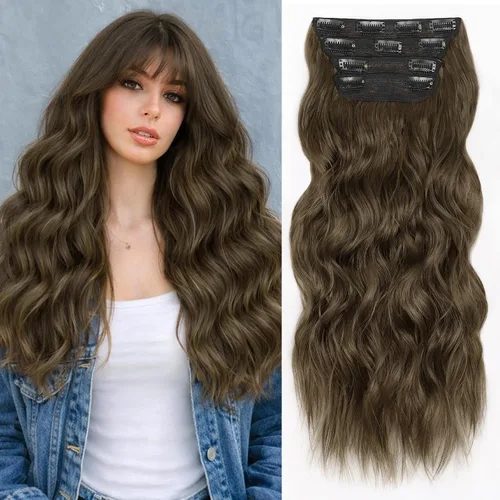 Miniatura 16 de ALXNAN Extensiones de cabello sintético largo y ondulado con clip, de 16 pulgadas, color negro natural, 4 piezas gruesas, fibra de doble trama