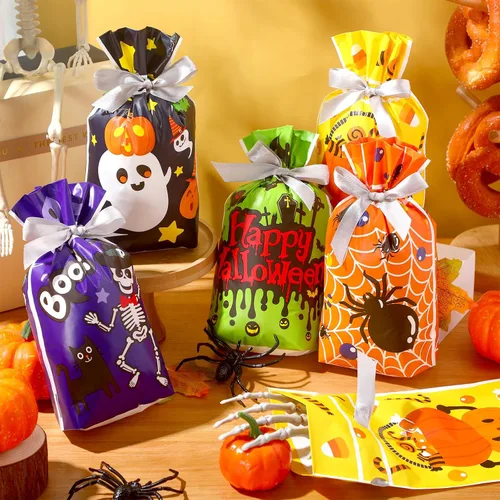 Miniatura 3 de Aliceset 50 bolsas pequeñas de regalo con cordón de Halloween – Bolsas de plástico de regalo de esqueleto de araña, fantasma, para Halloween