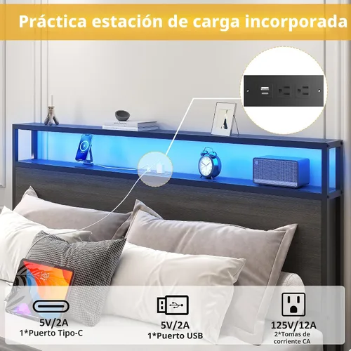 Miniatura 5 de Lifezone Base de cama Queen con cabecera de almacenamiento de 2 niveles, base de cama de plataforma de metal con 4 cajones de almacenamiento, gris