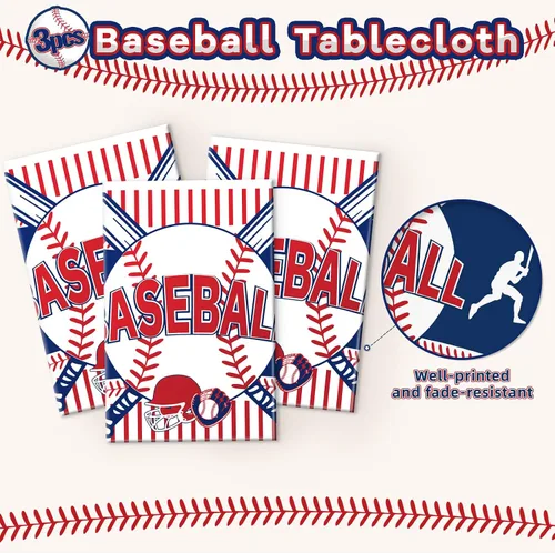 Miniatura 3 de Miucat Mantel de béisbol de 3 piezas, mantel de mesa y decoración de fiesta, mantel de plástico desechable, rectangular para juegos de béisbol