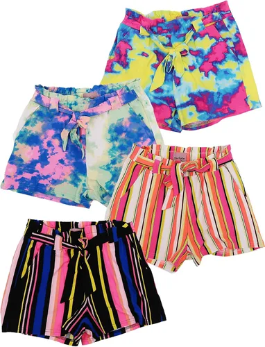 MISS POPULAR Paquete de 4 pantalones cortos de papel súper suaves con bolsillos para niñas, diseños lindos de verano, tallas 7-16