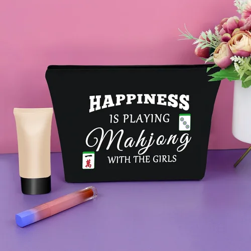 Miniatura 4 de Sazuwu Mahjong - Bolsa de maquillaje negra para regalo con temática de Mahjong, regalo para amantes de Mahjong, bolsa de cosméticos, regalos