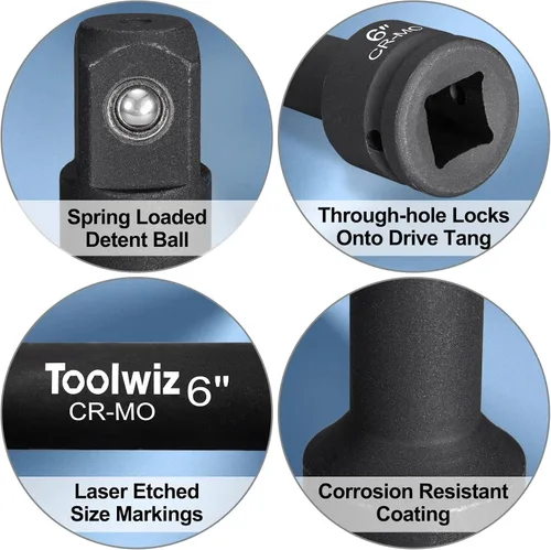 Miniatura 3 de Toolwiz Barra de Extensión de Impacto de 3/4" de 4", 6", 10" (3 Piezas) Acero Cr-Mo, Amplía la Gama de Destornilladores de Impacto, Organizados