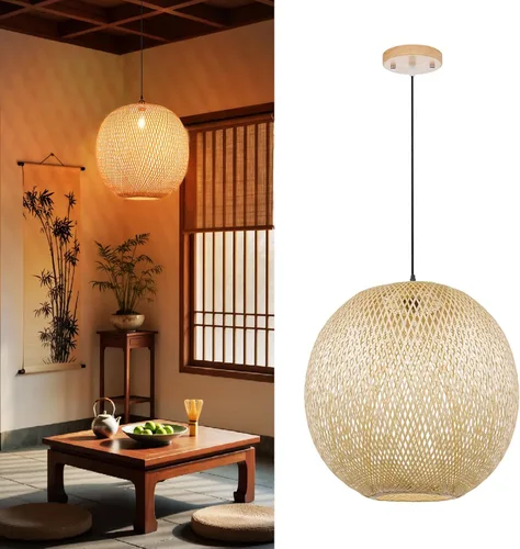 Miniatura 3 de Arturesthome Lámpara Colgante Redonda de Bambú de 1 Luz, Lámpara de Techo de Mimbre Tejida a Mano con Sombra de Cesta Boho para Isla de Cocina