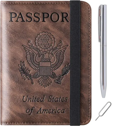 Miniatura 25 de Funda para pasaporte, cartera, artículos esenciales de viaje, de cuero, estuche con bloqueo RFID, equipaje de vacaciones, artículos imprescindibles