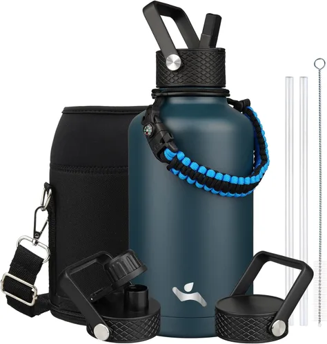Miniatura 84 de Konokyo - Botella de agua aislada de 18 onzas, botellas deportivas de acero inoxidable con 3 tapas, verde militar