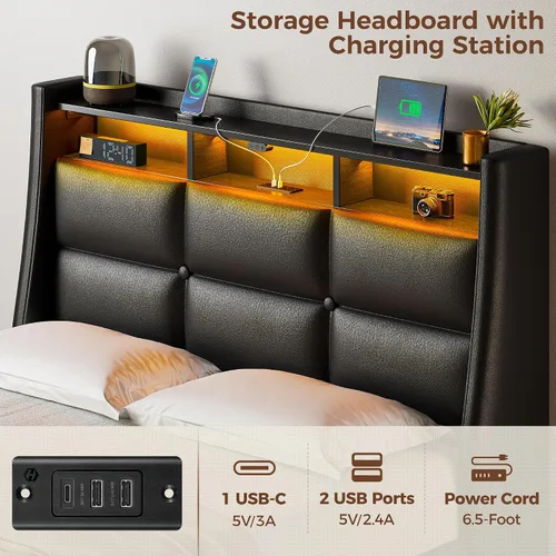 Miniatura 4 de Rolanstar Marco de cama tamaño twin con luces LED y estación de carga, cabecera de almacenamiento de cuero PU y cajones, listones de madera Negro