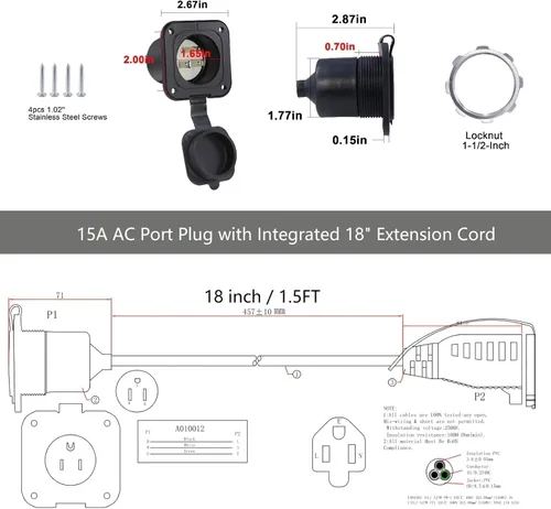 Miniatura 2 de Enchufe de puerto de CA de 15 A, enchufe de entrada de alimentación de 125 V con cable de extensión de 18 pulgadas, enchufe NEMA 5-15 con brida