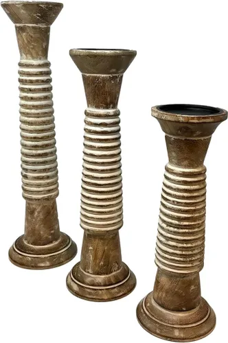 Miniatura 2 de Portavelas acanalados para velas de pilar, juego de 3 portavelas altos de madera grandes de 18 pulgadas, 16 pulgadas, 14 pies, tallados a mano