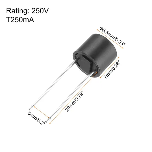 Miniatura 2 de uxcell 10 Uds. cilíndrico DIP montado en miniatura redondo lento micro fusible para piezas electrónicas PCB LCD reparación, T250mA 250mA 250V, negro