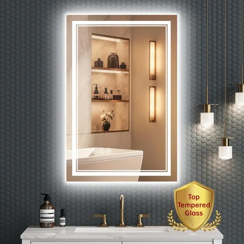 Miniatura 15 de Espejo de baño LED sin marco de 24 x 32 pulgadas, frontal y retroiluminado, vidrio templado inastillable, antivaho, 3 colores, regulable, memoria