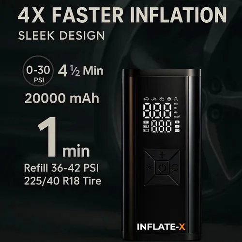 Compresor de aire portátil para inflador de neumáticos, 4 veces más rápido, batería de 150 PSI y 20000 mAh, pantalla digital y luz LED, inflador
