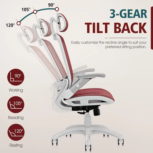 Miniatura 8 de GABRYLLY Silla de oficina ergonómica, silla de escritorio de casa de respaldo alto con reposacabezas, brazos abatibles, inclinación de 90-120°