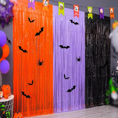 Mega-L - Cortinas de flecos de papel de aluminio para Halloween, paquete de 3 accesorios para cabina de fotos, 18 calcomanías de PVC de murciélago y