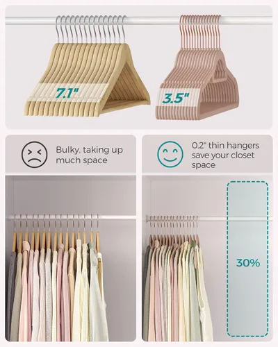 Miniatura 5 de SONGMICS Perchas de Terciopelo, Juego de 50 Perchas para Ropa con Gancho Giratorio de Oro Rosa, Antideslizantes y que Ahorran Espacio, 0.2 Pulgadas