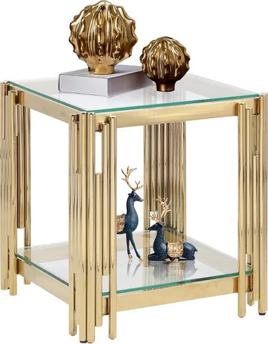 Miniatura 15 de Mesa de centro de vidrio templado de 31.5 pulgadas, moderna mesa de té dorada de 2 niveles con estante inferior, mesas centrales de lujo con marco