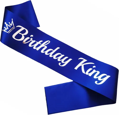 Banda de cumpleaños King azul real, banda de cumpleaños de papel de aluminio plateado para King divertidas decoraciones de fiesta de cumpleaños,