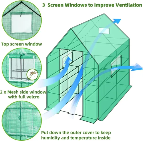 Miniatura 2 de Invernadero para exteriores con ventanas de malla, Ohuhu 4 niveles mejorados 11 estantes invernaderos transitables con cubierta de PE duradera, casa