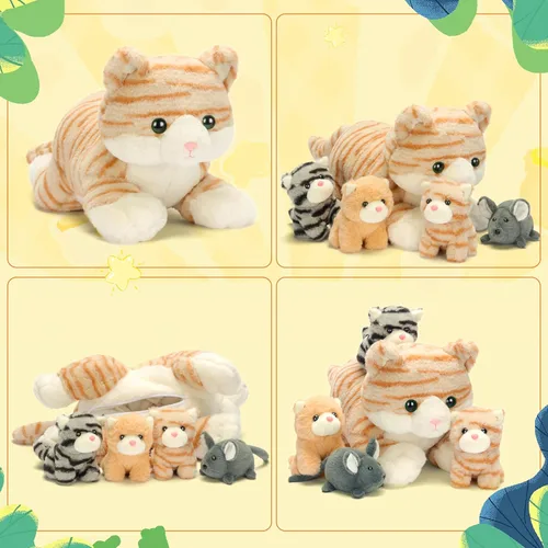 Miniatura 5 de IKASA Mamá gato atigrado naranja peluche mamá y gatitos bebé juguete de peluche lindo 16.5 pulgadas suave mamá pequeña juguete familiar con pequeños
