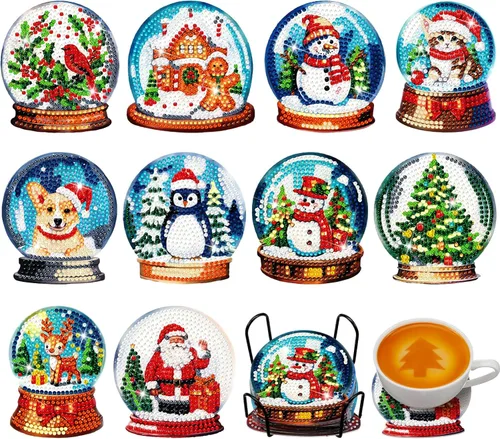Miniatura 11 de 10 piezas de posavasos de arte de diamante con bola de Navidad DIY Posavasos de pintura de diamante rojo y verde con copo de nieve y alce de Navidad
