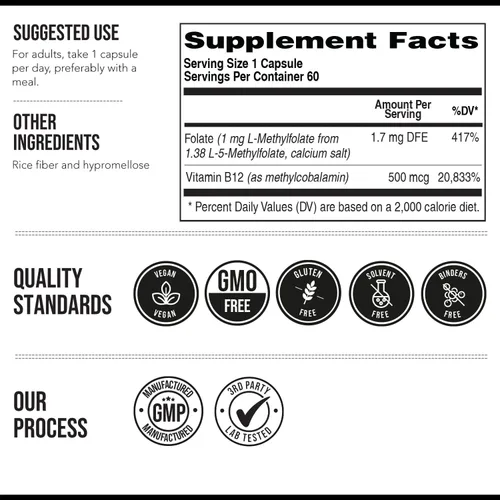 Miniatura 6 de L Metilfolato 1000 mcg Plus Metilo B12 Cofactor – Forma Activa 5-MTHF - Respalda el Estado de Ánimo, la Metilación, la Cognición – Formas Bioactivas
