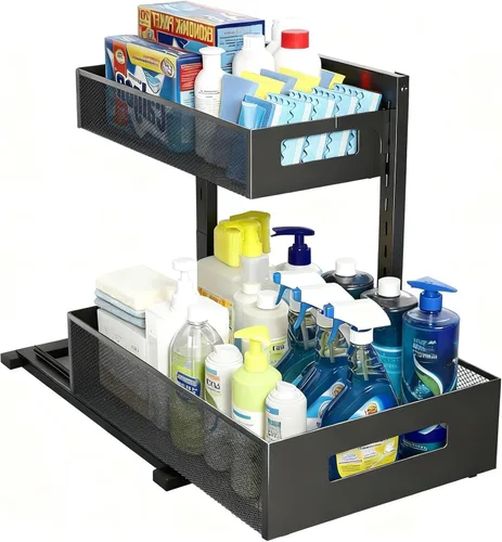 Miniatura 9 de Organizador para debajo del fregadero, estante de almacenamiento extraíble de 2 niveles, organizador de metal resistente al óxido para cocina, baño
