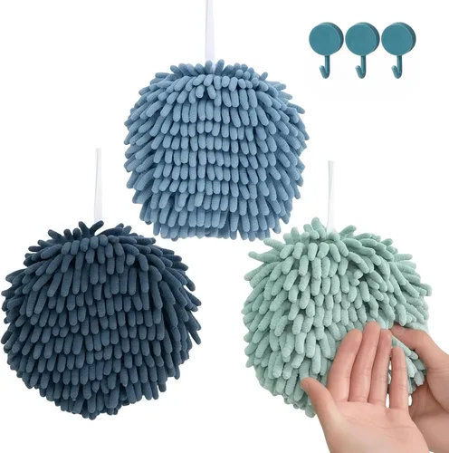 Juego de 3 toallas de bola de felpilla suave y absorbente, de secado rápido, para baño/cocina, paquete de 3 unidades (verde menta + azul claro +