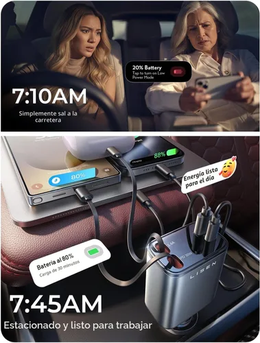 Miniatura 5 de LISEN - Cargador retráctil para automóvil, adaptador de cargador de automóvil USB C de 69 W, carga rápida para iPhone 16, 15, 14, 13, 12, Samsung