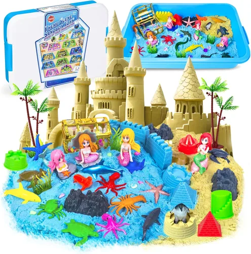 Contenedor sensorial, 57 unidades de contenedores sensoriales de sirena oceánica para niños pequeños, kit de arte de arena, moldes de animales