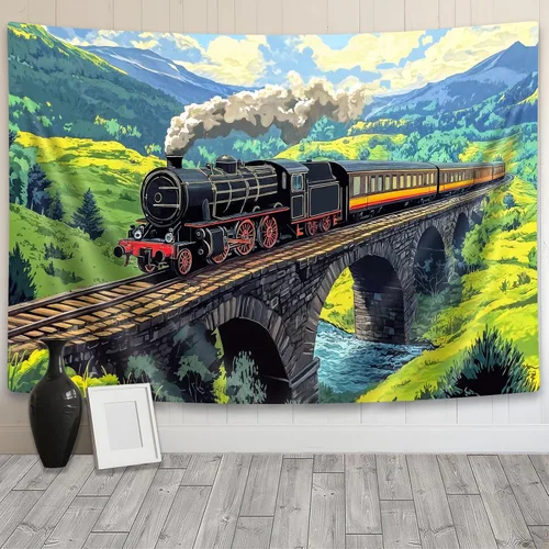 Miniatura 14 de Tapiz de Tren de Vapor, Tapices de Paisaje Otoñal de Tren de Motor Antiguo Decoración para Niños, Tapices de Arte de Acuarela de Bosque de Montaña