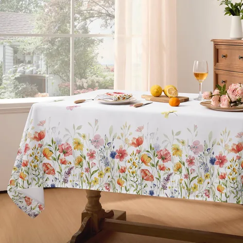 Miniatura 3 de Softalker Mantel rectangular de primavera, mantel de Pascua impermeable con flores silvestres, resistente a las manchas, sin arrugas, mantel floral