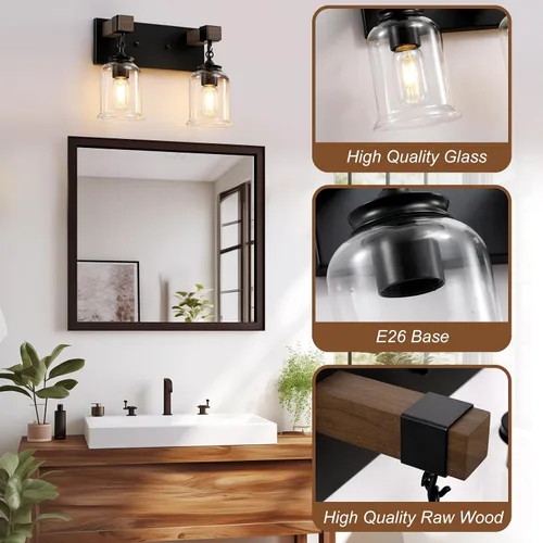 Miniatura 3 de VbiTmn Accesorios de Iluminación para Baño Estilo Granja, Lámpara de Tocador para Baño de 2 Luces Negro Mate, Estilo Industrial con Pantallas