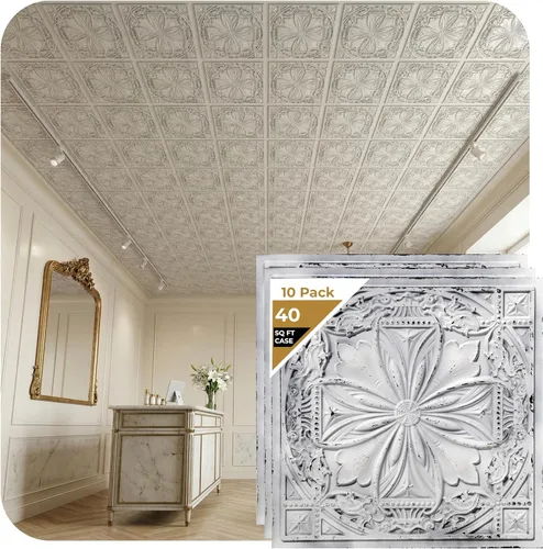 Miniatura 39 de from Plain to Beautiful in Hours DCT10at-24x24 Milan - Azulejo de techo de PVC de 2' x 2' para pegar o colocar (Caja / 4 pies cuadrados), Taupe
