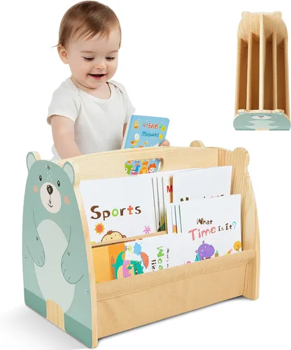 Miniatura 11 de Estantería infantil SheSeek de doble cara con 4 niveles de fundas profundas, estante de libros de madera para niños Montessori para habitación