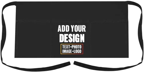 TopTie Delantal de cintura para camarera con impresión personalizada con 3 bolsillos, mitad delantal de cocina de restaurante Negro