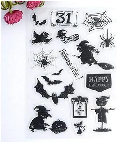 NZJ Sello transparente de silicona transparente con texto en inglés «Happy Halloween», para álbumes de recortes, diario, tarjetas, 4.3 x 6.3 pulgadas