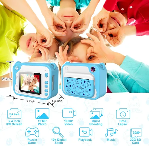 Miniatura 2 de Cámara para niños con impresión instantánea, video de 1080P, tarjeta SD de 32 GB, juguete para niños, regalos de cumpleaños de Pascua para niños