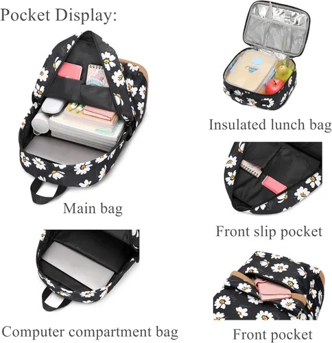 Miniatura 12 de 3 piezas de mochila con estampado de margaritas para niños, mochila de escuela primaria, mochila para estudiantes de primaria, mochila para Negro