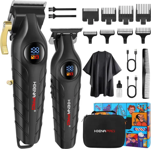 HIENA PRO Juego de cortapelos profesional y kit de recortadora para hombres, cortapelos de peluquería inalámbricos recargables para cortar el